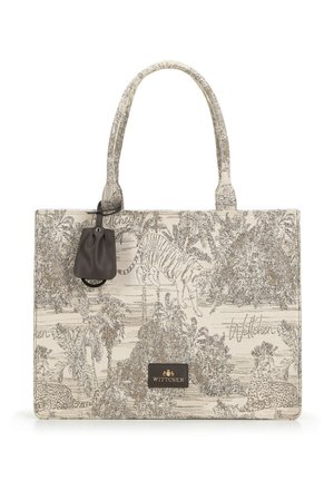 Borsa a mano beige con stampa nera dettagliata di animali della giungla e fogliame, due manici, pochette nera piccola e targhetta con logo "Wittchen".