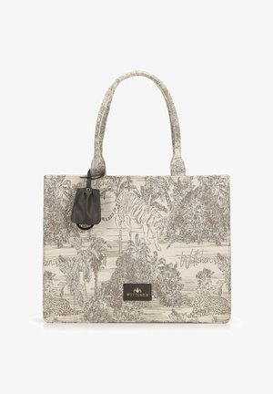 Béžová taška přes rameno s detailem černého tisku džunglových zvířat a listí, dvěma uchy, malým černým pouzdrem a plastickou značkou "Wittchen".