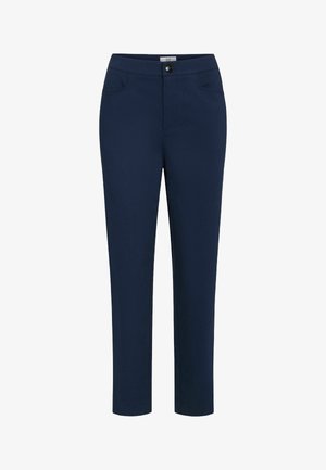 Tengerészkék nadrág sima anyagból, slim fit szabással, négy zsebbel, gombos záródással és klasszikus dizájnnal.