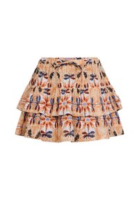Gonna stampata floreale in arancione e crema, con ruffles a strati, caratterizzata da motivi di farfalle blu e nere. Vita elastica con coulisse.