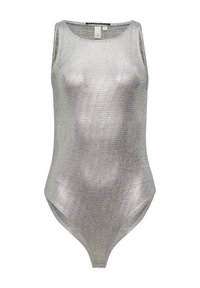 Zilveren holografische bodysuit met een aansluitend ontwerp, mouwloos model en een textuur met een rasterpatroon.