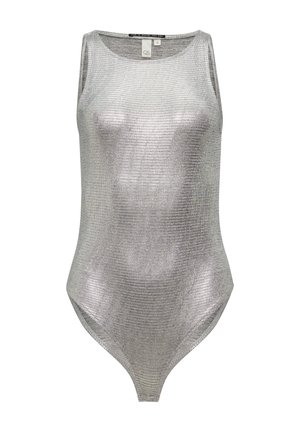 Zilveren holografische bodysuit met een aansluitend ontwerp, mouwloos model en een textuur met een rasterpatroon.