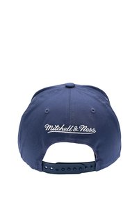 Navy blue adjustable snapback cap with "Mitchell & Ness" embroidered in white on the back center panel.