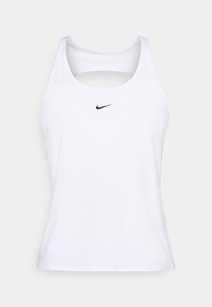 Bijela atletska majica bez rukava s okruglim izrezom, dizajn s leđima u obliku trkača te malim crnim Nike logotipom sprijeda. Glatka tekstura tkanine.