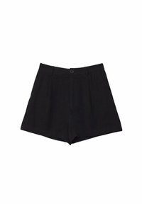 Shorts noirs taille haute ajustés avec passants de ceinture, fermeture à bouton sur le devant et légère évasement à l'ourlet.