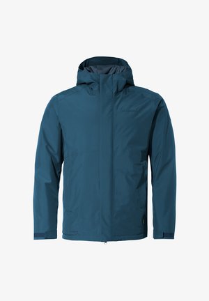 Teal waterdichte jas met een hoge kraag en verstelbare capuchon. Bevat een verborgen rits, elastische manchetten en een soepele textuur. Geschikt voor buitenactiviteiten.