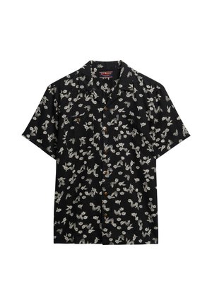 Zwarte katoenen overhemd met korte mouwen, wit bloemenpatroon, twee borstzakken en bruine knopen. Gemaakt van lichte stof met een ontspannen pasvorm.