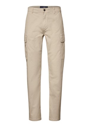 Béžové cargo kalhoty vyrobené z bavlny s rovnými nohavicemi, dvěma bočními kapsami a zapínáním na knoflík v pase. Hladká textura.