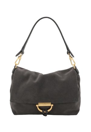 Black suede handbag with a single shoulder strap and gold-tone metal clasp closure on the front.