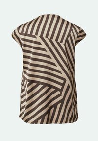 Braun- und beige gestreifte Bluse mit kurzen Ärmeln, abstraktem geometrischem Muster, glattem Stoff und entspannter Passform, von hinten gezeigt.