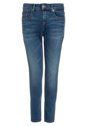 Jeans in denim di colore blu medio con vestibilità slim, design a cinque tasche, chiusura con bottone e dettaglio di leggera scoloritura davanti.