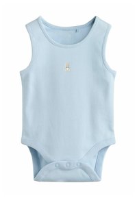 Lyseblå ærmeløs bodysuit med et lille teddybjørnsgrafik, lavet af blød bomuld, med trykknapper i bunden og en rundet halsudskæring.