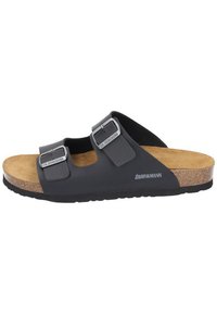Black slide sandal featuring two adjustable straps with silver buckles, a cork footbed, and a textured rubber sole.