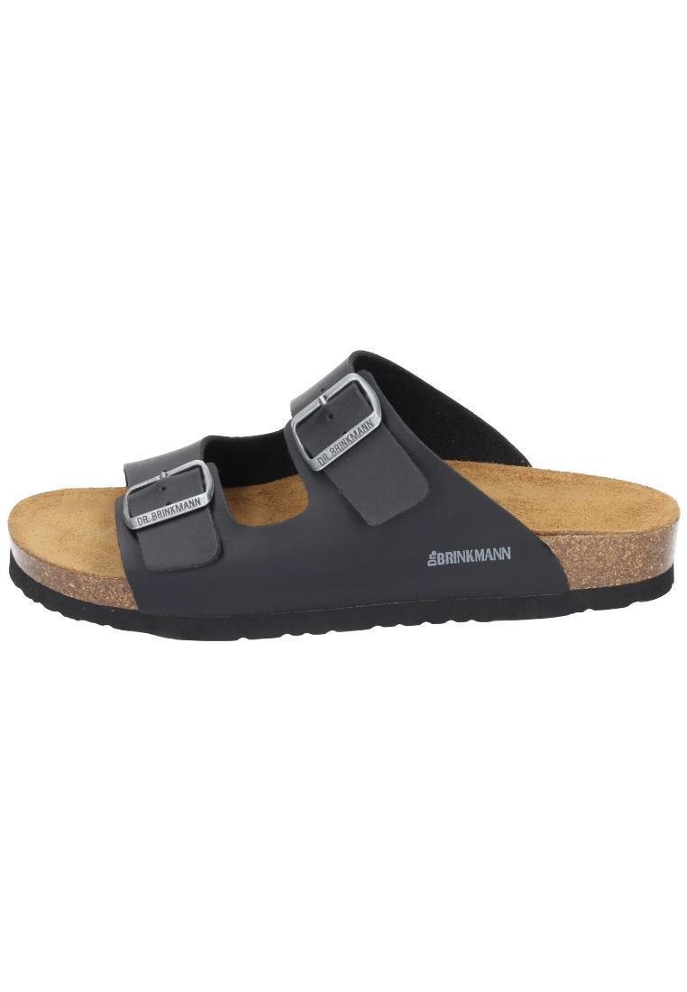 Black slide sandal featuring two adjustable straps with silver buckles, a cork footbed, and a textured rubber sole.