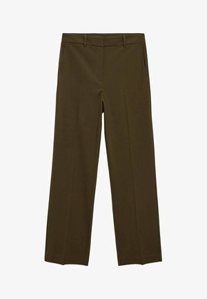 Braune Stoffhose mit geradem Bein, zwei seitlichen Taschen und glänzender Oberfläche. Mit flacher Front und Gürtelschlaufen.