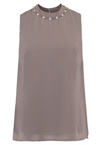 Blouse mauve sans manches à col haut, ornée d'une rangée de perles rondes décoratives autour du col et d'un tissu doux et fluide.