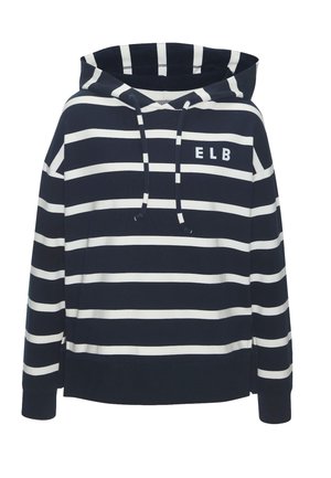 Marineblaue Kapuzenjacke mit weißen horizontalen Streifen, Fronttasche, Kordelzug und "ELB"-Aufdruck auf der linken Brustseite.