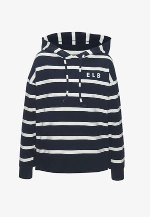 Marineblaue Kapuzenjacke mit weißen horizontalen Streifen, Fronttasche, Kordelzug und "ELB"-Aufdruck auf der linken Brustseite.