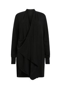 Cardigan drapé à manches longues noir avec devant ouvert et ourlet asymétrique, en tissu doux.