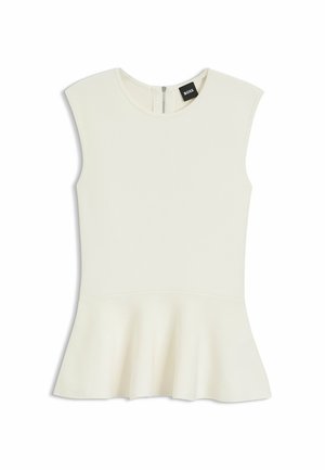 Ärmelloses weißes Peplum-Oberteil mit rundem Ausschnitt und Reißverschluss auf der Rückseite, mit einem kleinen schwarzen BOSS-Label nahe dem Kragen.