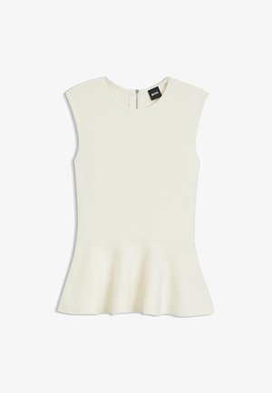 Ærmeløs hvid peplumtop med rund halsudskæring og lynlås bagpå, med et lille sort BOSS-mærke nær kraven.