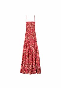 Vestido maxi con tirantes finos, patrón floral en tonos de rosa, naranja y marrón. Textura suave, corsé ajustado y falda acampanada.