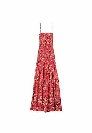 Maxikleid mit Spaghettiträgern, florales Muster in den Farbtönen Rosa, Orange und Braun. Glatte Textur, taillierter Oberteil und ausgestellter Rock.