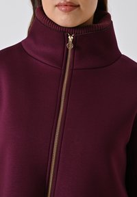 Close-up van een persoon in een paarse zip-up jas met een hoge geribbelde kraag en een gouden ritssluiting.