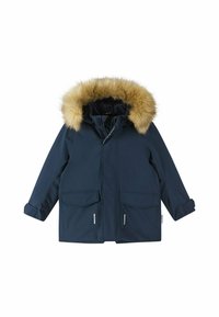 Giacca parka blu navy con cappuccio bordato in pelliccia, due grandi tasche frontali e chiusura con zip. Realizzata in materiale resistente all'acqua, presenta polsini arrotolati.