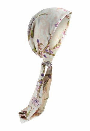 Light-colored silk headscarf with floral and botanical patterns, tied in a loose knot with long ends hanging down.