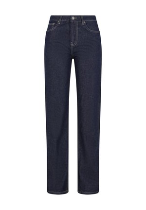 Mørkeblå jeans med rette ben, forlommer, beltestropper og knappelukking i livet.