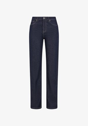 Mørkeblå jeans med rette ben, forlommer, beltestropper og knappelukking i livet.