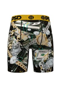 Boxers ajustados con un diseño vívido de billetes de dólar, diamantes y joyas. Confeccionados con una tela elástica de fondo negro y cinturilla amarilla.