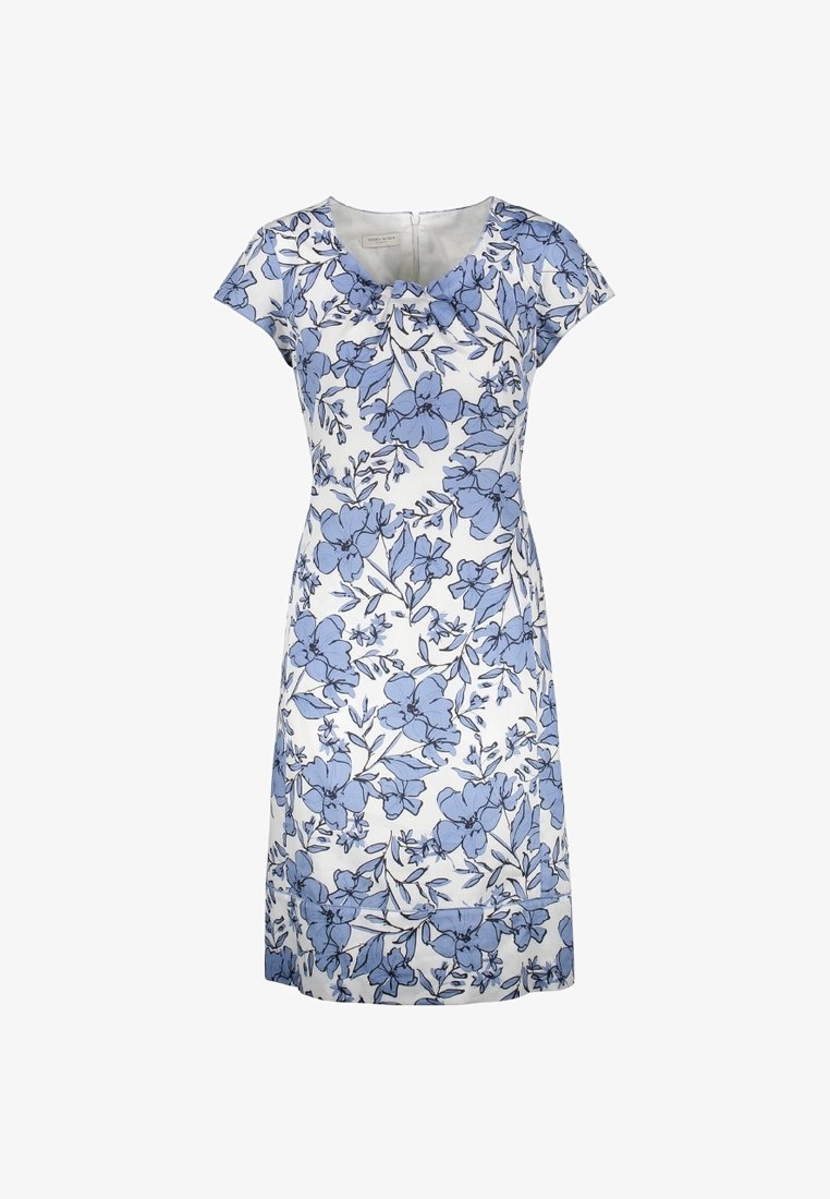 Robe fleurie avec un fond blanc et un motif floral bleu. Elle possède de courtes manches gigot, un col arrondi et une silhouette ajustée.