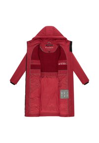 Rode pufferjack met een capuchon, voorzien van een fleece voering, meerdere binnenzakken en reflecterende accenten. Inclusief etiket met verzorgingsinstructies.