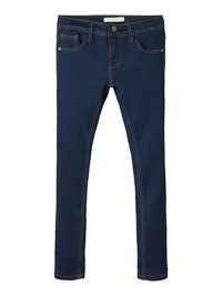 Mørkeblå denimjeans med kontrastfarget oransje søm, fem lommer, standard livhøyde og en slim fit-design.