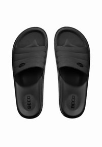 Black slide sandals with two horizontal straps, textured upper, rubber material, and ribbed outsole. "BECO" logo printed on the footbed.
