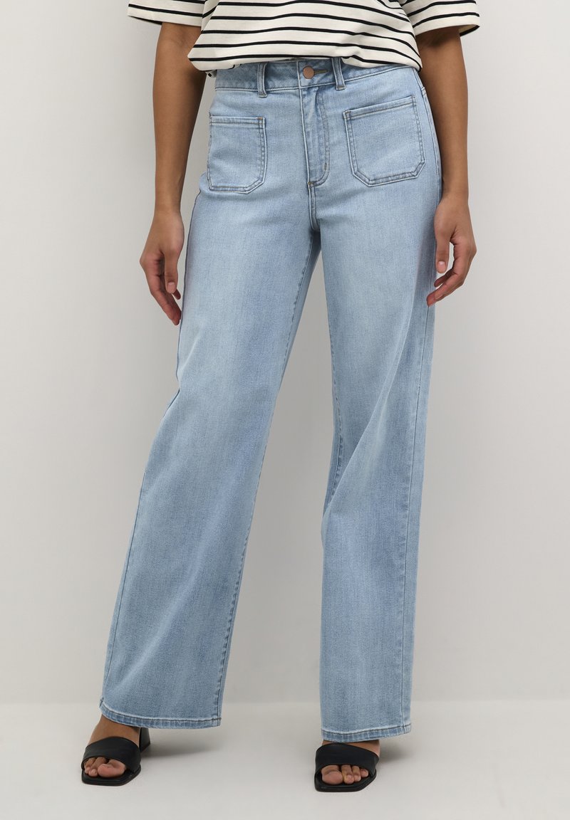 Light blue high-waisted wide-leg jeans made of denim with front and back pockets, featuring a subtle faded texture and stitched seams.
