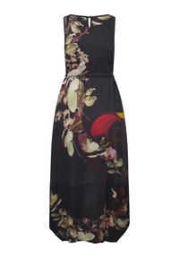 Maximeczka z czarnego materiału z żywymi kwiatowymi wzorami w kolorze czerwonym, zielonym i fioletowym. Posiada dekolt w kształcie łezki oraz elastyczny pas.