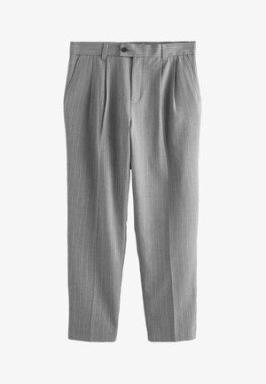 Grau gestreifte Hose aus einem glatten Stoff mit einem Knopfverschluss, Falten und einem geraden Bein.