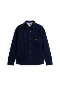 Tamsiai mėlynas kempinėmis siūtas ilgomis rankovėmis marškinėliai su apykakle, krūtinės kišenė ir mažas raudonas, baltas ir mėlynas logotipo užrašas kišenėje.