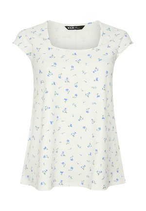 Kevyt, valkoinen kukallinen paita, jossa on pieniä sinisiä kukkia, neliönmuotoinen kaula-aukko ja lyhyet hihattomat hihat, valmistettu pehmeästä ja hengittävästä kankaasta.