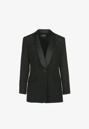 Črn strukturiran blazer z satenskimi vrhovi revij. Ponuja majhne bleščeče detajle po celotni površini in dve sprednji žepki. Zapiranje z enim gumbom.