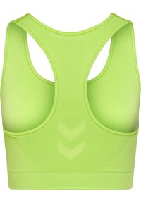 Zielony stanik sportowy z designem racerback, teksturowanym materiałem i subtelnym wzorem w zygzak na plecach. Miękkie szwy i elastyczny pas.