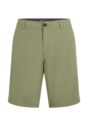 Pantaloncini verde oliva in tessuto intrecciato, caratterizzati da una vestibilità classica, chiusura con bottoni e senza motivi o dettagli visibili.