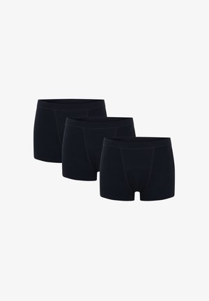 Drei Paare schwarze Baumwoll-Boxershorts mit schmaler Passform, elastischem Bund und kontrastierenden Nähten für zusätzliche Haltbarkeit.