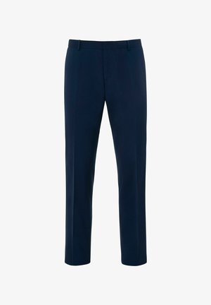 Pantalons bleu marine en tissu lisse ; coupe droite avec passants de ceinture et devant plat. Lignes épurées, sans motifs ni accents visibles.