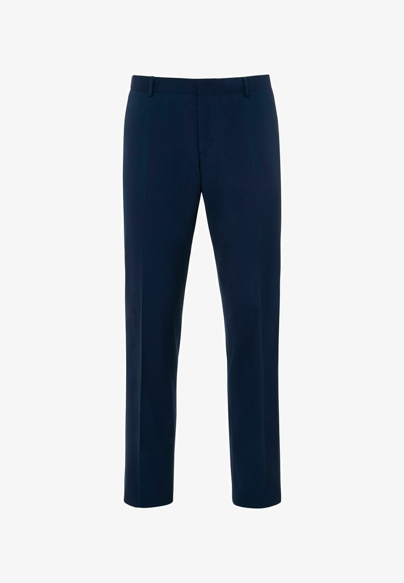 Pantalons bleu marine en tissu lisse ; coupe droite avec passants de ceinture et devant plat. Lignes épurées, sans motifs ni accents visibles.