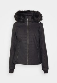 Chaqueta negra de invierno con cremallera frontal, dos bolsillos laterales con cremallera, mangas con puños y capucha con borde de piel, con la marca "CMP" en el hombro.