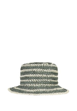 Gehaakte bucket hat met afwisselende donkergroene en gebroken witte horizontale strepen en een flexibele brede rand.